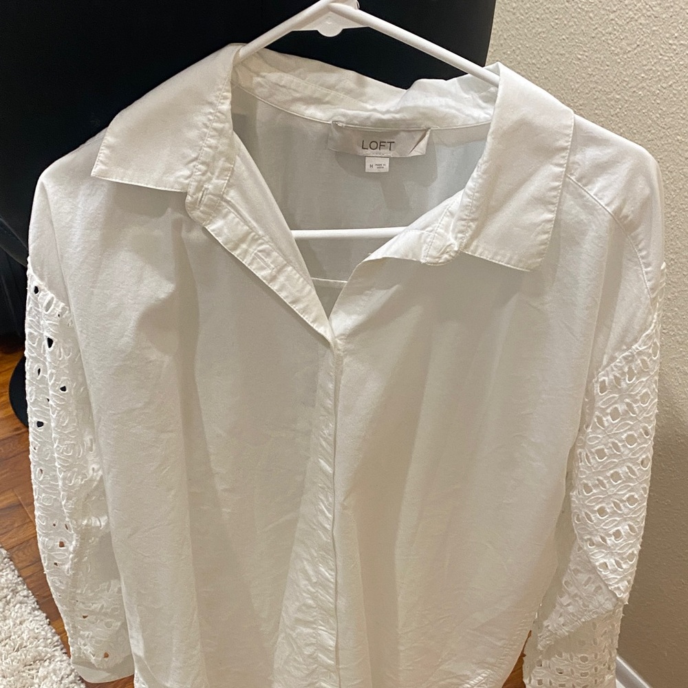 LOFT White Button Down Shirt with Eyelet Sleeves